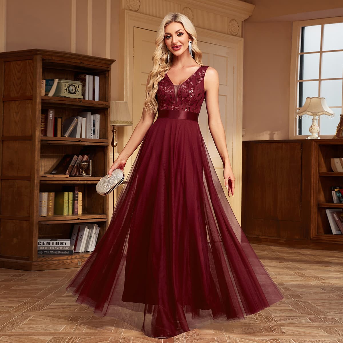 26 multi-color spliced elastic waist sleeveless double V-neck evening dress tulle embroidered long elegant A full swing party dress